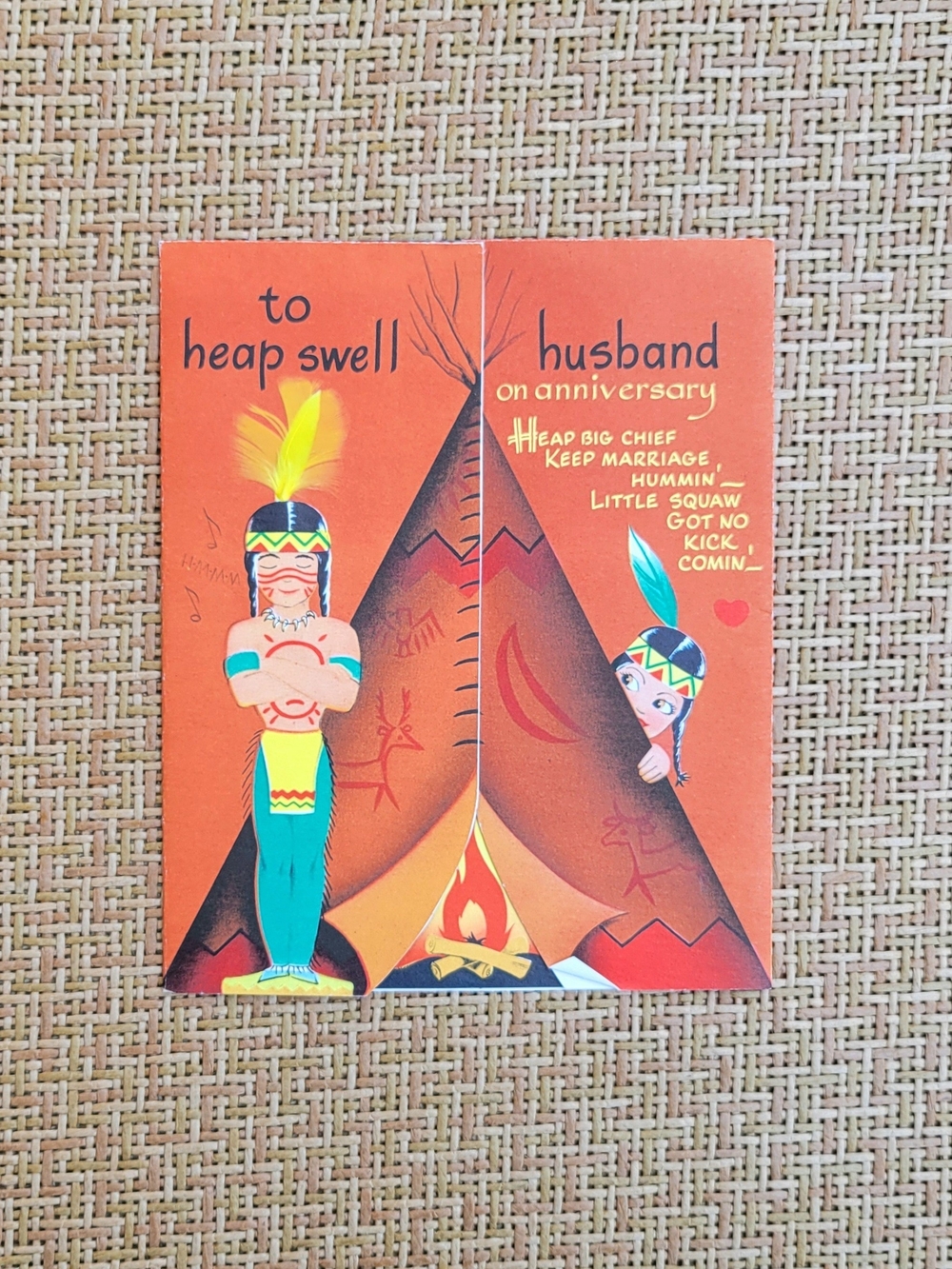 Vintage 1950s Anniversary Postcard: To Heap Swell Husband Native American